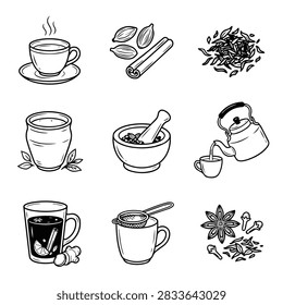 Set of hand-drawn illustrations depicting tea, spices, and preparation tools for hot drinks