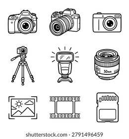 A set of hand-drawn illustrations depicting various photography tools and items including cameras lenses and memory cards