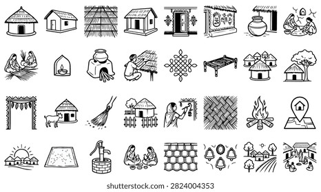 A set of hand-drawn illustrations depicting various aspects of traditional Indian village life and rural scenes.