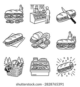 A set of hand-drawn illustrations depicting various deli sandwiches, ingredients, and a deli counter scene.