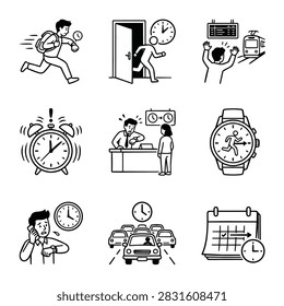 A set of hand-drawn illustrations depicting various scenarios related to time, schedules, and being late