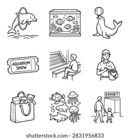 A set of hand-drawn illustrations depicting various elements of an aquarium show, including animals and visitors.