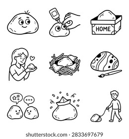 A set of hand-drawn illustrations depicting various activities and emotions of cartoon rock characters
