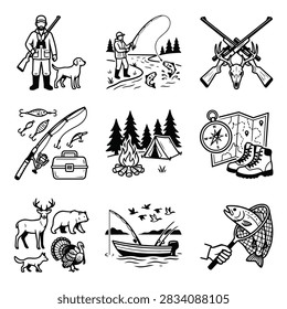 A set of hand-drawn illustrations depicting various hunting and fishing activities and equipment.