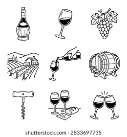 Set of hand-drawn illustrations depicting wine production and enjoyment, including grapes, bottles, glasses, and barrels.
