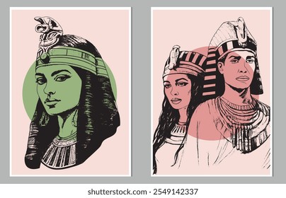 A set of hand-drawn illustrations featuring ancient Egyptian figures in traditional attire, abstract style with colorful geometric elements. Tempura design for print, canvas, poster