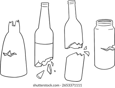 set of hand-drawn illustrations featuring whole and broken glass bottles and jars, with shattered pieces. Ideal for designs related to recycling, waste, fragility, damage, accidents.