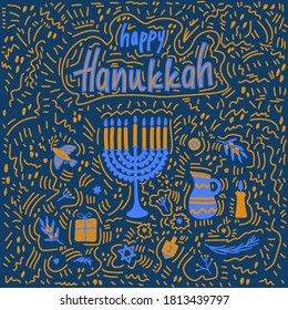 A set of hand-drawn illustrations for greeting cards with the inscription Happy Hanukkah and festive symbols and attributes - menorah, olive branch, flying dove, dreidels. Vector illustration