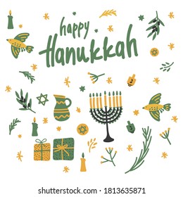 A set of hand-drawn illustrations for greeting cards with a winter scene and the inscription Happy Hanukkah and festive symbols and attributes-menorah, olive branch, flying dove, dreidels. Vector