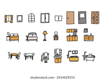 Set of hand-drawn illustrations of home equipment and interior design, including windows and doors