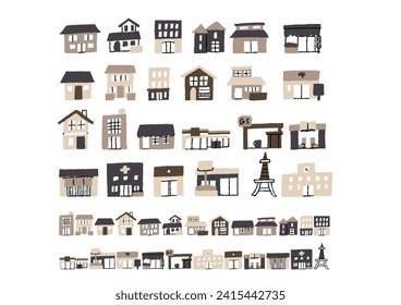 Set of hand-drawn illustrations of houses, stores and buildings of various shapes