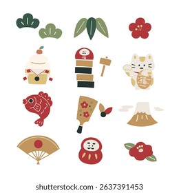 Set of hand-drawn illustrations of Japanese New Year materials