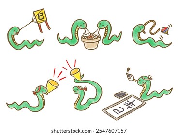 Set of hand-drawn illustrations of lucky charms and cute snakes