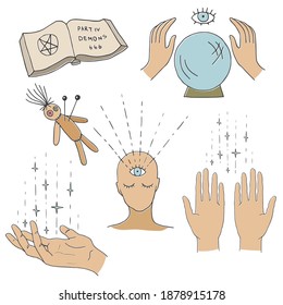 Set of handdrawn illustrations. Magic design elements. Vector astrology and fortune tellers symbols. Isolated occult and alchemy icons 
