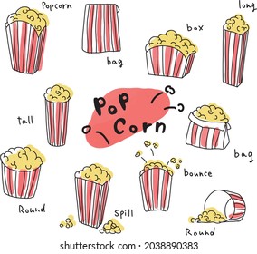 Set of hand-drawn illustrations of movie theater popcorn