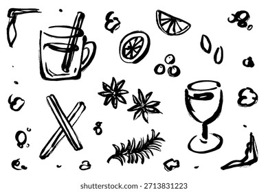 Um conjunto de ilustrações desenhadas à mão de vinho e especiarias como canela, alecrim e anis estrelado.