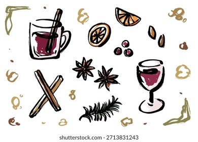 Eine Reihe handgezeichneter Illustrationen von Glühwein und Gewürzen wie Zimt, Rosmarin und Sternanis.