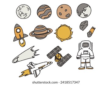  Set of hand-drawn illustrations in natural colors about the universe