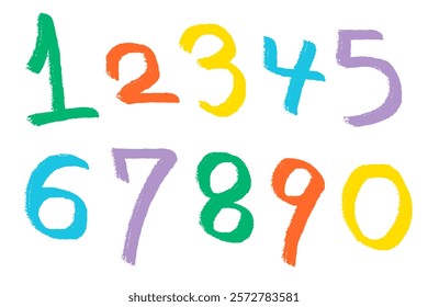 Set of hand-drawn illustrations of the numbers 0 to 9 with a brush touch