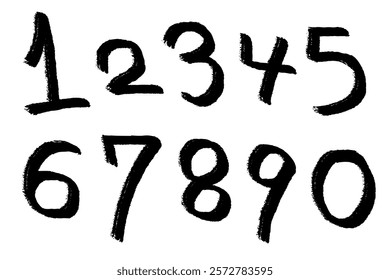 Set of hand-drawn illustrations of the numbers 0 to 9 with a brush touch