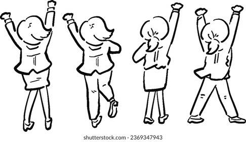 A set of hand-drawn illustrations of an office lady from behind who is happy with a fist pump. Full body line drawing.
