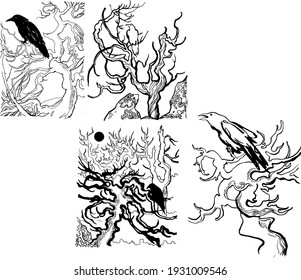 set of hand-drawn illustrations, old crooked northern trees and crows 