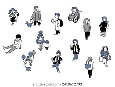 Un conjunto de ilustraciones hechas a mano de personas que recorren la ciudad con ropa de invierno