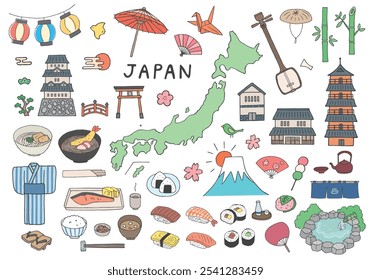 Um conjunto de ilustrações feitas à mão relacionadas a comida japonesa, edifícios, etc.