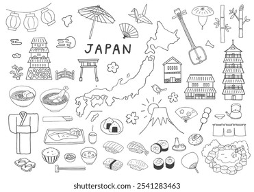 Um conjunto de ilustrações feitas à mão relacionadas a comida japonesa, edifícios, etc.