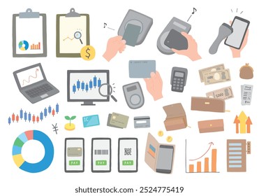 A set of hand-drawn illustrations related to money, payments, investments, etc.