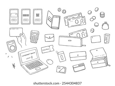 Un conjunto de ilustraciones dibujadas a mano relacionadas con varios métodos de pago y dinero