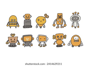 Set of hand-drawn illustrations of robots of various shapes