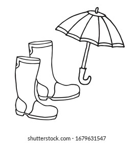 Eine Reihe handgezeichneter Illustrationen von Gummistiefeln und einem Regenschirm. Vektorillustration einzeln auf weißem Hintergrund. Schwarz-Weiß, Kontur.