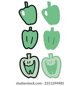Set of hand-drawn illustrations of simple green peppers and their cross sections