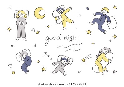 Set of hand-drawn illustrations of sleeping people