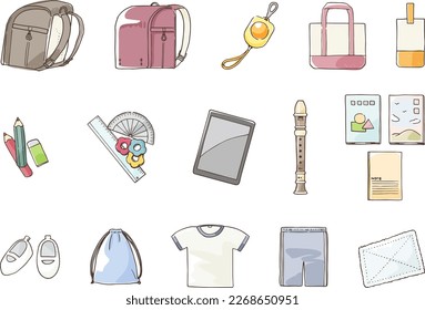 Set of hand-drawn illustrations of stationery and tools used in elementary school