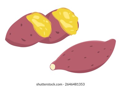 Conjunto de ilustrações desenhadas à mão de uma batata doce e uma batata doce assada.