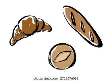 Um conjunto de ilustrações desenhadas à mão de três tipos de pão: boule, croissant e pão francês.
