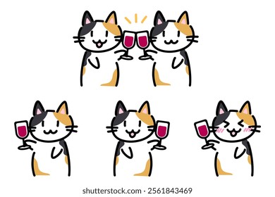 Set of hand-drawn illustrations of a tortoiseshell cat toasting with wine