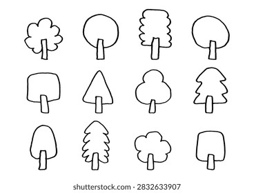 A set of hand-drawn illustrations of trees in various shapes (line art)