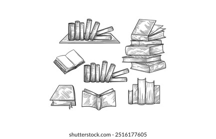 A set of hand-drawn illustrations of various book arrangements.