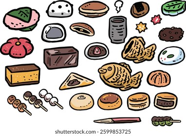 A set of hand-drawn illustrations of various Japanese sweets.