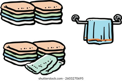 A set of hand-drawn illustrations of various towels.