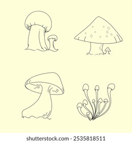 A set of hand-drawn illustrations of various types of mushrooms. The drawings are simple and clean, with a focus on the unique shapes and textures of each mushroom. Perfect for use in children's books