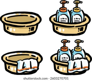 A set of hand-drawn illustrations of various washbasins and tubs.