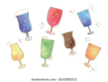 Set of hand-drawn illustrations of various watercolor carbonated drinks