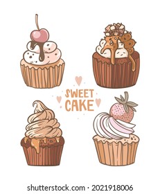 Set of hand-drawn illustrations, vector graphics. Cupcake with cherries, strawberries, cream, chocolate ganache, caramel. Beautifully decorated holiday desserts. Sweet cupcake lettering and pastries.