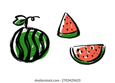 A set of hand-drawn illustrations of watermelons with a brush stroke. A set of three types: whole and sliced ​​watermelons.