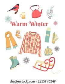 Set of hand-drawn images. Warm winter