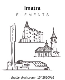 Set of hand-drawn Imatra buildings, elements sketch vector illustration. Imatran Valtionhotelli, Church Of The Three Crosses, Church Of St. Nicholas